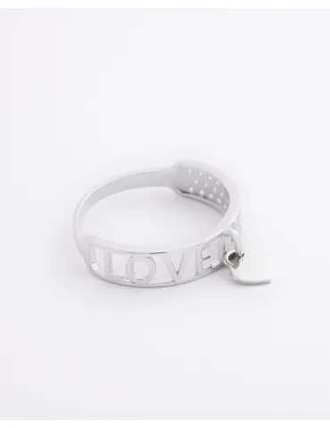 Срібна каблучка "Love" з білими фіанітами та сердечком, покрита родієм (Арт 732 р)